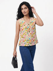 Cream Indie Floral Peter Pan Collar Tops for Women