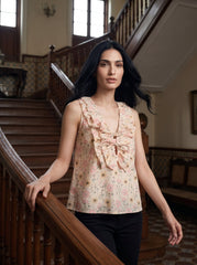 Cream Floral Tie-Up Neck Cotton Tops for Women