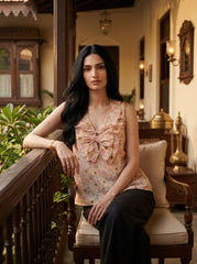 Cream Floral Tie-Up Neck Cotton Tops for Women