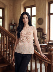 Cream Floral Tie-Up Neck Cotton Tops for Women