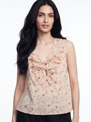 Cream Floral Tie-Up Neck Cotton Tops for Women