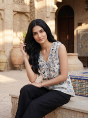 Off White Floral Tie-Up Neck Cotton Top