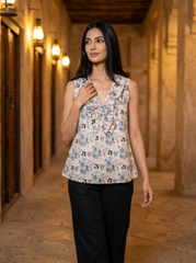 Off White Floral Tie-Up Neck Cotton Top