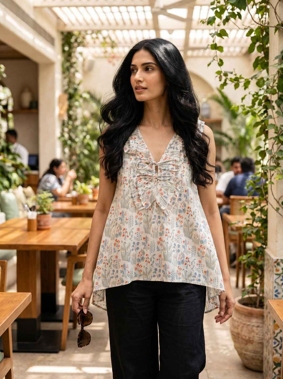 White Embroidered Tie-Up Neck Cotton Top