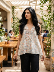 White Embroidered Tie-Up Neck Cotton Top