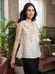 White Embroidered Tie-Up Neck Cotton Top