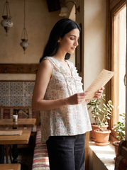 White Embroidered Tie-Up Neck Cotton Top
