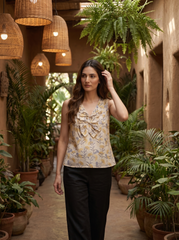 White Floral Embroidered Tie-Up Neck Tops for Women