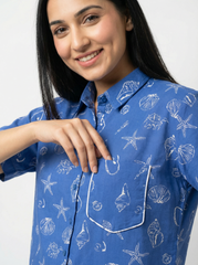 Blue Shell Print Cotton Oversized Shirt Women