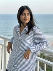 Blue Striped Cotton Oversized Shirt for Women