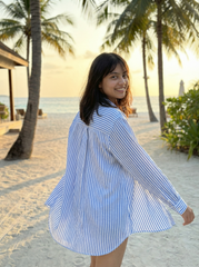 Blue Striped Cotton Oversized Shirt for Women