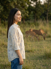 Beige Shell Print Cotton Oversized Shirt for Women