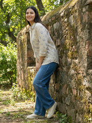 Beige Shell Print Cotton Oversized Shirt for Women
