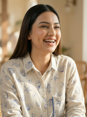 Beige Shell Print Cotton Oversized Shirt for Women