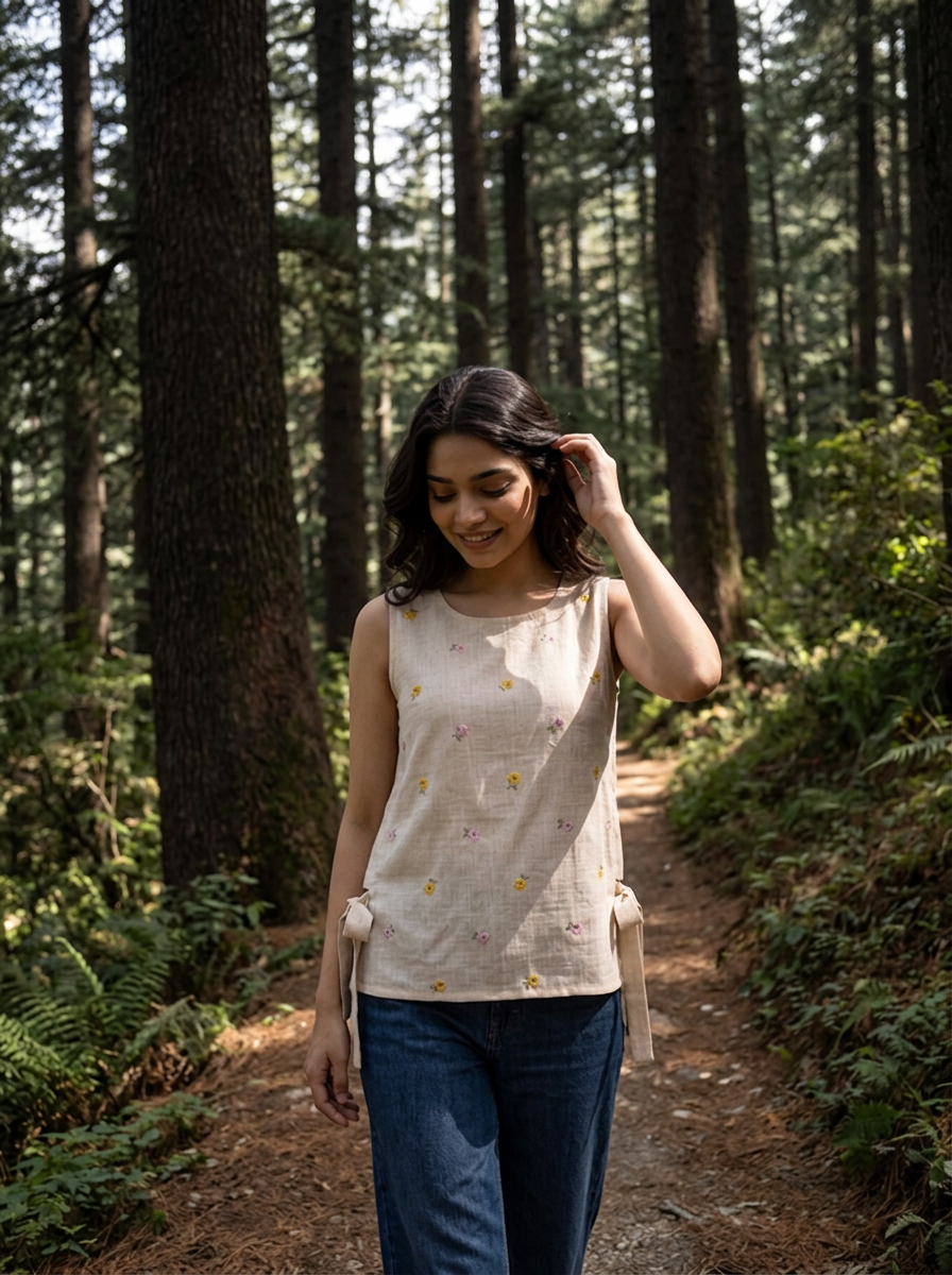 A woman modeling a sleeveless beige linen top with small embroidered flowers in yellow, pink, and green, paired with blue jeans. A circular inset in the top right highlights the floral embroidery detail.