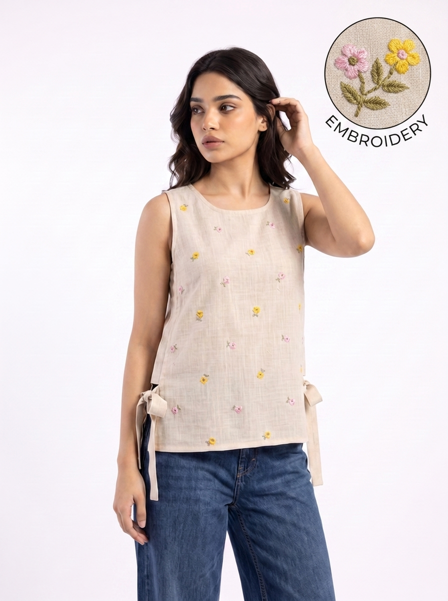 A woman modeling a sleeveless beige linen top with small embroidered flowers in yellow, pink, and green, paired with blue jeans. A circular inset in the top right highlights the floral embroidery detail.