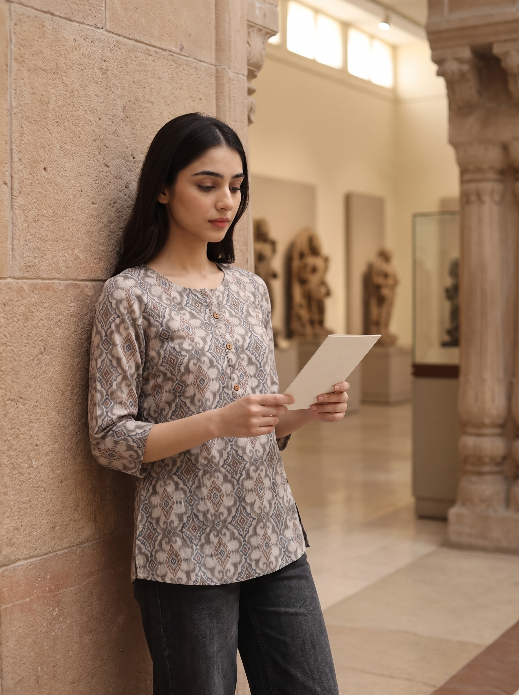 A woman stands in a museum or gallery leaning against a stone pillar, holding a tablet. She is wearing a beige and gray patterned kurta with three-quarter sleeves and dark gray jeans.