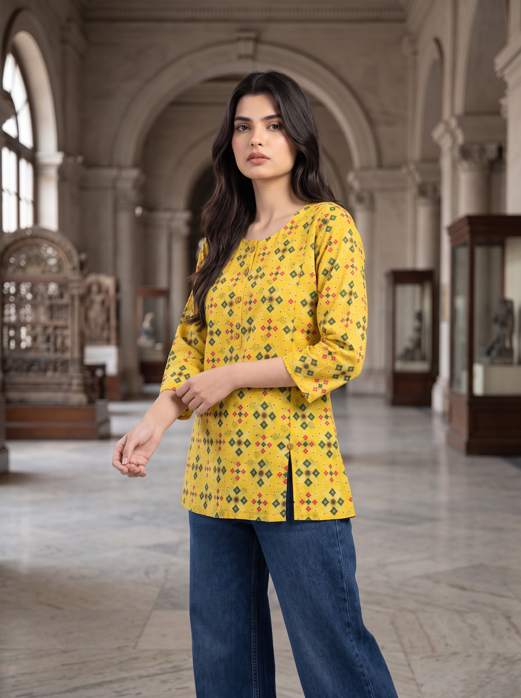 A woman modeling a yellow three-quarter sleeve kurta with a green and orange geometric pattern, paired with dark blue jeans, standing in a grand, arched hall resembling a museum or library.