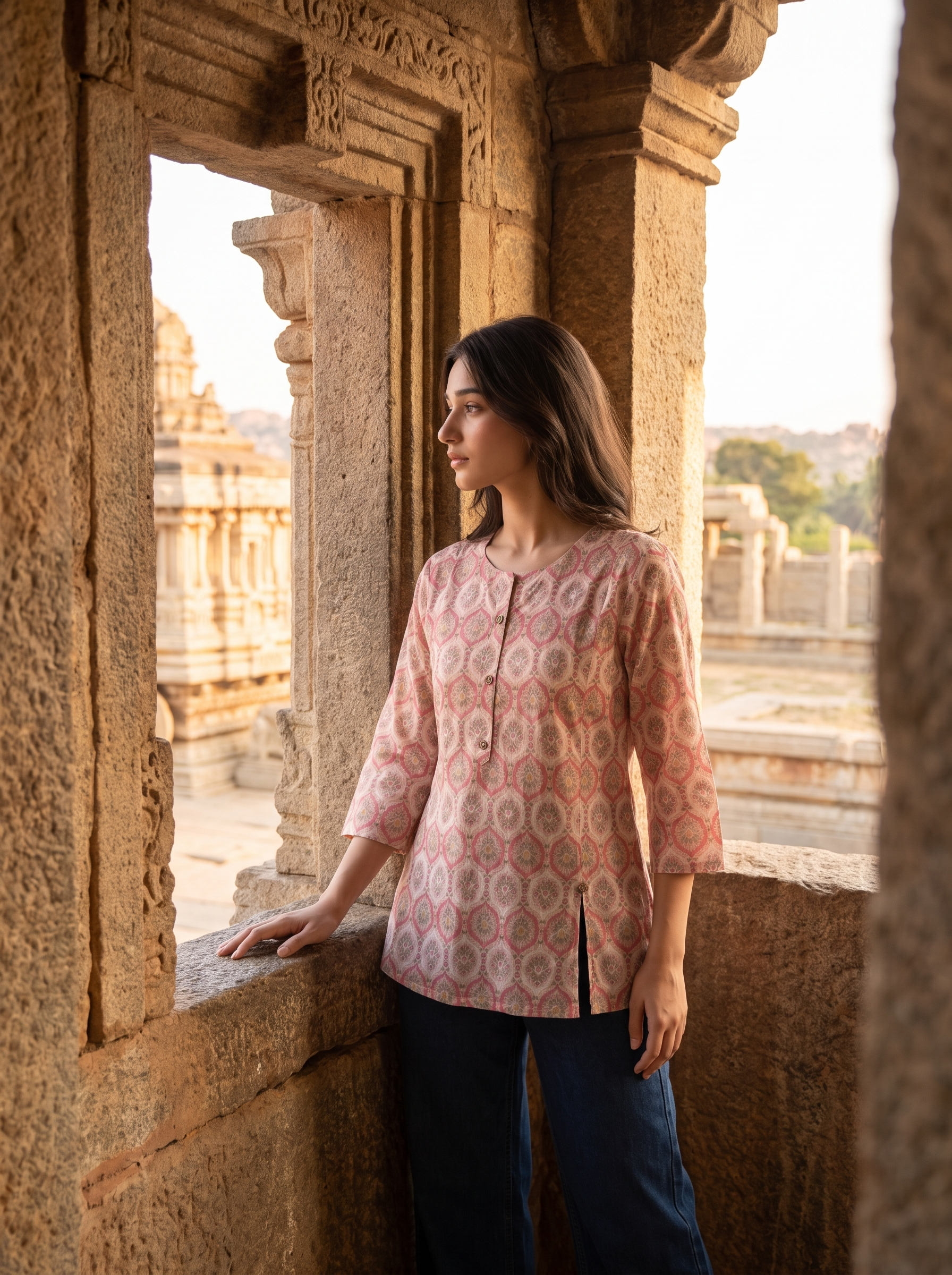 A stylish off-white top featuring soft pink ethnic-inspired motifs for a fresh everyday look