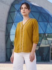 Mustard Embroidered V-Neck Button Top