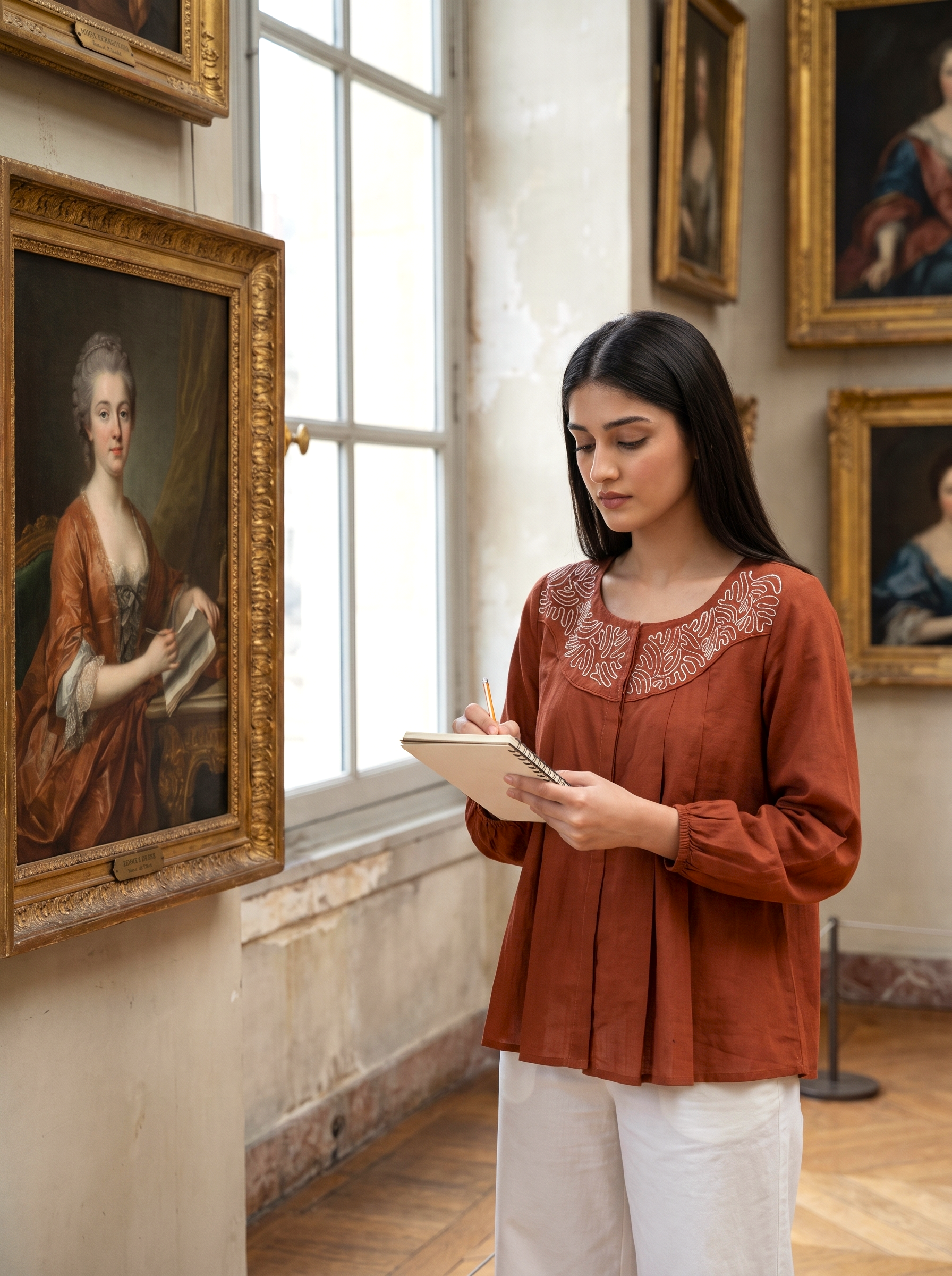 A woman stands in a gallery room with framed paintings, holding a notebook and pen, wearing a rust-orange embroidered blouse and white trousers.